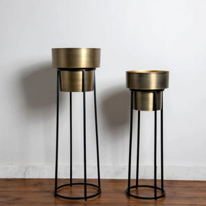 Set of 2 Gold Metal Planters with Black <b>Stands</b> for Indoor <b>Plants</b> Modern <b>Tall</b> Planter Pots for Living Room and Office Decor - Product Image 3
