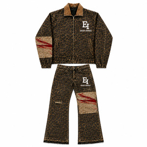 Custom Logo Luxury Designer Men Leopard Print Tracksuit Set | Premium Brand Embroidery <b>Zip</b>-<b>Up</b> <b>Jacket</b> & Flared Jeans - Product Image 1