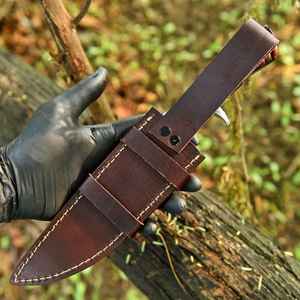 Cuchillo de hoja fija de Damasco hecho a mano con mango de cuerno de carnero, para camping, caza, supervivencia, uso general, con funda de cuero, para colección. - Product Image 5