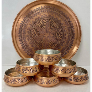 Cuenco de cobre martillado y para servir, estilo tradicional indio para curry, con diseño en relieve, forma redonda, de doble tono. - Product Image 3