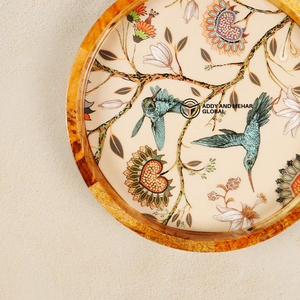 Round Mango Wood Epoxy Resin Serving <b>Tray</b> with Bird Floral Design Decorative Wooden Food Storage <b>Tray</b> for <b>Kitchen</b> Dining Home - Product Image 5