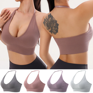 Soutien-gorge de sport à col en V pour femme, sans coutures, dos ouvert, soutien moyen, haut court de yoga, rembourré, pour la gym - Product Image 3