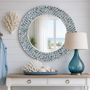Espejo de Pared Redondo de Lujo con Mosaico de Vidrio Azul, Plateado y Turquesa, Marco Decorativo Moderno, Espejo de Baño Elegante y Contemporáneo - Product Image 2