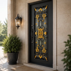 Puerta de Entrada de Hierro Forjado Negra y Dorada de Lujo, Puerta de Seguridad Metálica Decorativa con Vidrio Esmerilado, Diseño Personalizado para Puerta Principal de Villa - Product Image 1