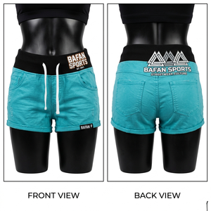 Shorts en molleton de coton et polyester premium 260 GSM pour femme, couleur turquoise avec ceinture noire à cordon de serrage et logo imprimé. - Product Image 6