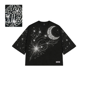T-shirts personnalisés pour hommes avec strass, luxe, coupe oversize, motif ailes d'ange et diamants noirs, style streetwear hip-hop, tissu épais - Product Image 2