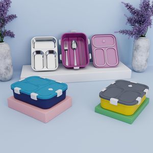 Boîte à lunch à 3 compartiments, étanche, en plastique bleu, avec couvercle hermétique et ustensiles, boîte à lunch portable, boîte à lunch de bureau - Product Image 5