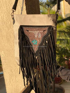 Handcrafted Hair on Tooled Leather Fringe Crossbody Bag Western Cowhide Leather Concealed Carry Purse Bull Skull Tooling Handbag - Product Image 5