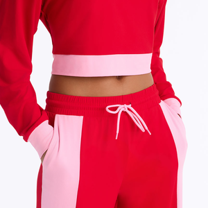 Ensemble de survêtement pour femmes rouge et rose, haut court à manches longues, pantalon large, vêtements de sport décontractés, ensemble de jogging, tenue de sport pour la salle de sport - Product Image 4