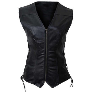 VIBE SEWN OEM 100% Cuir de vachette noir original, veste gothique pour femmes à double boutonnage, poches latérales, sans manches, grande taille, hiver - Product Image 1