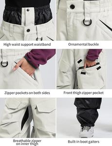 Pantalon de snowboard cargo beige pour femme, imperméable, isolation synthétique, jambe large, taille haute, fermeture boutonnée, vêtements de ski - Product Image 5