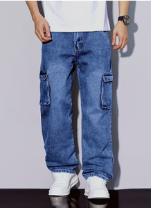 Pantalones Cargo de Mezclilla Holgados para Hombre, Cintura Elástica, Cierre de Cremallera, Transpirables, para Todas las Temporadas, Estilo Urbano, con Bolsillos, Grosor Estándar - Product Image 6