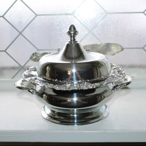 Antique Silverplate Round Butter Cheese Dish with Knife EG Webster Grape Pattern - Product Image 1