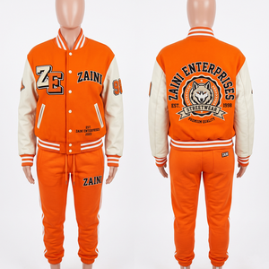 Custom 380 GSM Cotton Polyester <b>Fleece</b> Solid Printed Casual Unisex <b>Orange</b> Varsity Tracksuit Sleeves Chenille Patch Logo Set - Product Image 1
