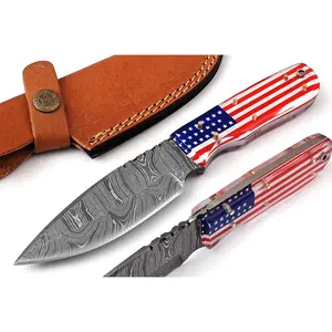 Coltello da caccia in acciaio damasco forgiato a mano coltello da caccia tattico multifunzionale portatile all'aperto con manico bandiera americana
