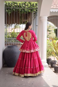 Lehenga Choli Rosa Romántico, Estilo Tradicional Indio para Bodas, Largo hasta el Suelo, Corte Regular para Mujer, Sin Arrugas, para Todas las Temporadas, Diseño Flor de Loto - Product Image 4