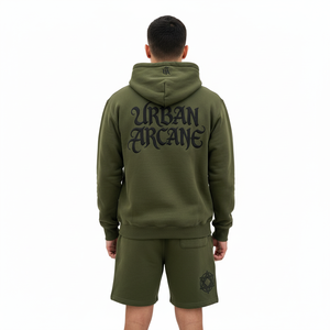 Custom Men's GREEN Vintage Washed Breathable Winter Patch Zip Hoodie Shorts <b>Set</b> Heavyweight Cotton Streetwear OEM Private Label - Product Image 4