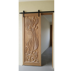 Porte coulissante de grange en bois massif sculpté à la main avec plumes de paon, pour entrée artistique et luxueuse - Product Image 1