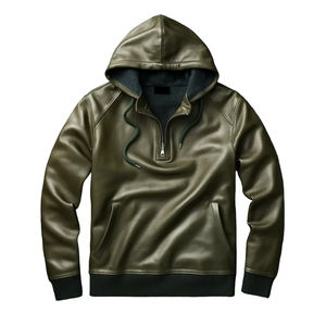 Sudaderas con capucha de cuero personalizadas con media cremallera, estilo urbano, OEM ODM, de cuero auténtico para hombre - Product Image 1