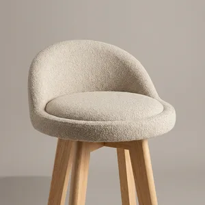 Modern Beige Upholstered Bar <b>Stool</b> with Curved Backrest Wooden Legs and Rope Footrest for Kitchen Cafe and Home Seating - Product Image 4