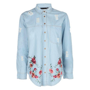 Chemises en jean pour femmes, couleur bleue, coupe courte, logo personnalisé, vente en gros, chemises en jean en coton pour femmes, ODM - Product Image 6