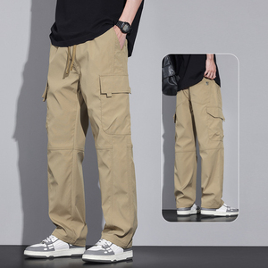 <b>Men</b> Solid Mid Waist <b>Cargo</b> <b>Trousers</b> Straight Leg Drawstring Customized Logo Multi Pocket Casual Outdoor <b>Lightweight</b> Breathable - Product Image 1