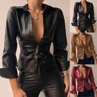 Herbstliche sexy V-Ausschnitt PU-Leder Damenhemden und -blusen, elegante Büro-Damenhemden, langärmlige Damenblusen, Clubwear-Kleider