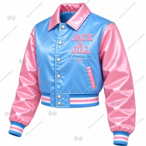 Chaqueta Bomber Personalizada al por Mayor de Jack and Jill of America para Mujer, Chaqueta Varsity Corta de Satén Bordada en Azul Bebé y Rosa - Product Image 3