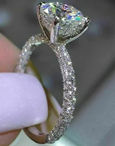 Round Cut Moissanite Engagement <b>Ring</b> <b>925</b> Sterling <b>Silver</b> Pave Band Solitaire <b>Ring</b> Luxury Diamond Look Bridal Jewelry - Product Image 1