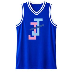 เสื้อบาสเก็ตบอลปักโลโก้ Royal Blue JJ แบบไม่มีแขน คอวี แต่งขอบสีขาว สำหรับชุดทีมสโมสรแบบสั่งทำพิเศษ - Product Image 1