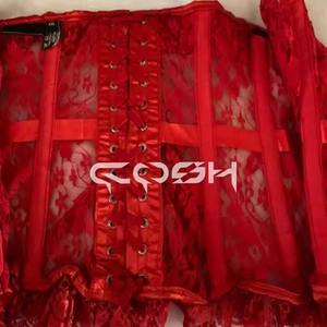 Corset sexy en dentelle rouge avec fermeture éclair sur le devant, volants sur le haut et le bas - Product Image 4