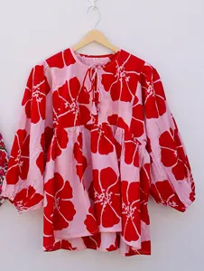 Vestido Mini Casual de Verano para Mujer, Color Rosa, Estampado Floral, Manga Abullonada de Algodón, Corte Holgado, Cuello con Lazo - Product Image 3