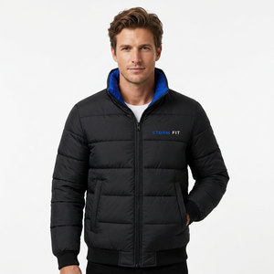 Men's Winter Puffer <b>Jacket</b> Stand Collar Zipper Closure Windproof Casual 100% Polyester Material Solid Color - Product Image 3