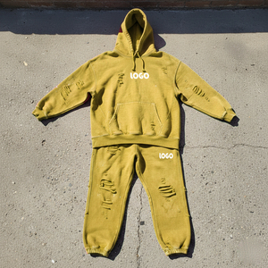 Custom Streetwear Vintage French Terry Cropped Acid Wash <b>Pullover</b> Distressed Rhinestone Sweatpants and Hoodie Set - Product Image 5