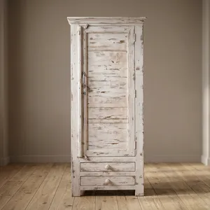 Mueble de Almacenamiento de Madera Blanca Envejecida Estilo Rústico, Armario de Una Puerta y Dos Cajones para Dormitorio - Product Image 4