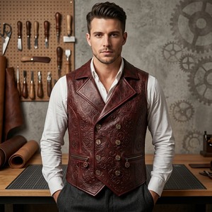 <b>Men's</b> Steampunk Burgundy Genuine Leather Vest Embossed <b>Double</b> <b>Breasted</b> <b>Waistcoat</b> with Turn Down Collar - Product Image 2