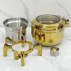 ถาดอุ่นอาหารบุฟเฟ่ต์ทรงกลมสแตนเลสหรูหรา สีทอง พร้อมขาตั้งแบบเสาประดับตกแต่ง ฝาแก้ว สำหรับงานแต่งงานและจัดเลี้ยง - Product Image 3