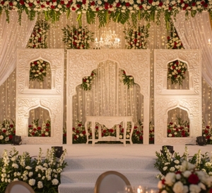 Panel de Fondo para Bodas de Lujo, Tallado en Blanco, Estilo Mandap, Arco Mughal, Decoración de Escenario para Eventos Premium, Calidad de Exportación, Fabricante - Product Image 1