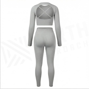 Ensemble de yoga 2 pièces North Approach, haut court côtelé à manches longues et short taille haute, gris uni, sans couture, respirant, vêtements de sport pour femmes - Product Image 2