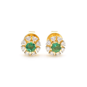 18K Solid Yellow Gold Diamond Halo <b>Studs</b> 0.45CTW <b>Emerald</b> Gemstone <b>Earrings</b> With Push Back Floral <b>Studs</b> Bridal Jewelry Supplier - Product Image 4
