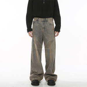 <b>Men's</b> Khaki Wash Baggy Denim <b>Jeans</b> <b>High</b> <b>Rise</b> Loose Fit Full Length Washed Cotton Five Pocket Casual Streetwear - Product Image 2
