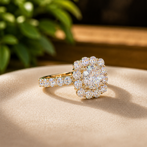 Anillo de compromiso de oro amarillo vermeil con halo de diamantes redondos para mujer, anillo de boda de moissanita, anillo de promesa. - Product Image 3