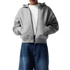 Sweat-shirt à capuche zippé gris pour homme, coupe ample, décontracté, 100% coton molletonné, couleur unie, brodé, vêtements d'hiver - Product Image 2