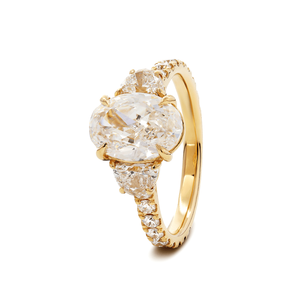 14K Yellow Gold 2 ct Oval Cut Lab Grown Diamond Three <b>Stone</b> Engagement <b>Ring</b> with Half <b>Moon</b> Side Diamond IGI certified <b>ring</b> - Product Image 3