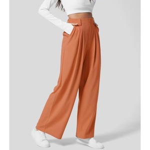 Pantalones de Pierna Ancha de Cintura Alta para Mujer, Color Sólido, Plisados, Corte Holgado, Largos, Casuales, de Crepé Antiarrugas para Otoño - Product Image 4