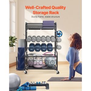 Organizzatore per Attrezzature da Palestra Domestica, Supporto per Tappetini Yoga in Acciaio Verniciato a Polvere con Ganci e Ruote, Scaffale Portaoggetti per Tappetini Yoga - Product Image 3