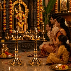 Hind Craft Living Set 2 Messing Nilavilakku Traditionelles Design Öllampenständer für Puja-Raum Tempel Mandir Heim-Dekoration Festival - Product Image 6