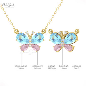 Proveedor Mayorista de Collares con Colgante de Mariposa con Aguamarina en Forma de Pera de 7x5mm y Morganita Rosa, Collar con Diamantes en Oro Fino de 14k - Product Image 5