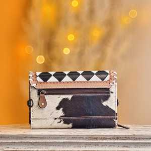 New Hand Tooling Black & White Color Checkboard Diamond Pattern With Hair On Hide Fur 100% Genuine Leather Women's Clutch <b>Wallet</b> - Product Image 2