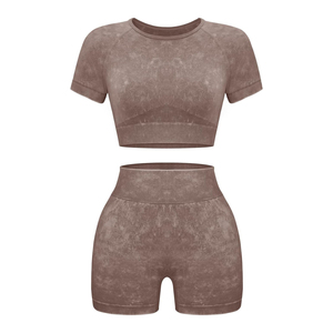 Conjunto Deportivo de 2 Piezas para Mujer, Tejido Crema, Top Corto de Manga Corta, Pantalones Cortos de Cintura Alta, Color Sólido, Transpirable, Primavera Verano - Product Image 5